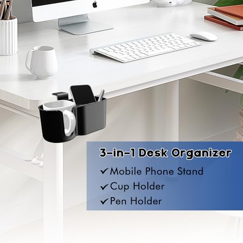 Metal Clamp Desk Cup Holder - Multi-Function Desk Organizer with Pen Holder & Phone Stand - Suitable for 8-32OZ Coffee Mups, Water Cups.