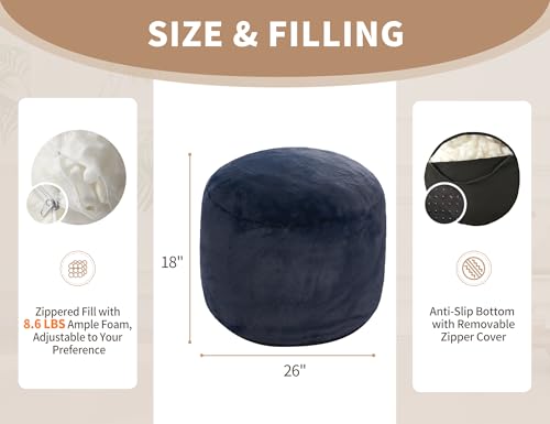 WSOFRLAC Round Pouf Ottoman, Poofy Ottoman Foot Rest, Small Couch Boho Foot Stools for Living Room, 26x18in Multifunctional Soft Floor Poufs for Sofa, Office,Under Table, Navy - color: Navy Blue, size: 26"D x 26"W x 18"H