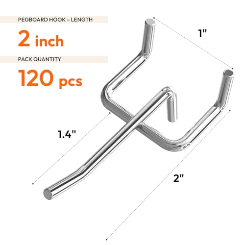 JEAWIWI 120 Pack 2 Inch Metal Pegboard Hooks, Fit 1/4 in and 1/8 in Peg Board Organizer Accessories, for Hanging Storage, Garages, Tool Sheds, Basements - size: 2IN 120PCS