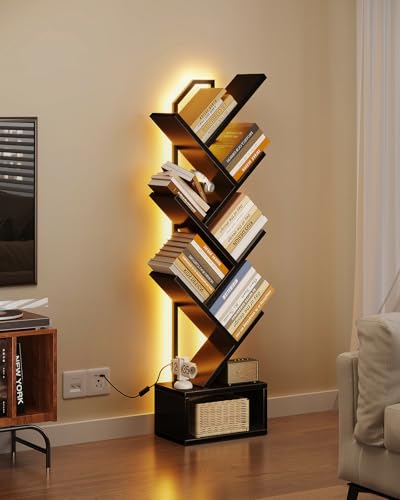 Casaottima 6-Tier Tree Bookshelf — Narrow Floor Standing Bookcase, Tall Steel & Wood Book Organizer Shelf with Cabinet, Home Decor for Living Room/Bedroom/Home Office, Black - color: Black, size: 6 Tier