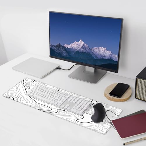 White Topographic Contour Extended Big Mouse Pad Large,Gaming Mouse Pad Desk Pad,31.5x11.8x0.12 Inch Long Computer Keyboard Mouse Mat Mousepad Non-Slip Base and Stitched Edge for Gaming and Office - color: White Topographic Contour, size: 31.5Lx11.8W inch