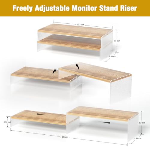 Adjustable Monitor Stand Riser with Acrylic Legs丨9.4" Wide Dual Monitor Stand for Desk丨2-Tier Wood Desktop Organizer for Computer, Laptop, Printer & PC丨Modern Aesthetic Desk Shelf(wood-glacial striae) - color: wood-glacial striae, size: 9.4’ W*19.3L