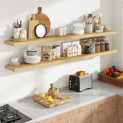 Acovy 72 Inch Floating Shelves, 8 Inch Deep Floating Shelves for Wall, Hanging Shelf with Invisible Brackets, Deep Shelves for Bathroom, Bedroom, Living Room, Oak, Set of 2 - color: Oak, size: 8"Wx72"L-2pcs