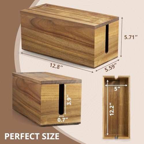 Acacia Wood Cable Management Box - Cable Organizer Box - 2 Open Slots Cords Hider Box - Under Desk Cord Organizer for Power Strip Extension Cord Surge Protector Charger Wire - color: Acacia, size: Medium