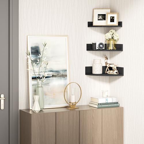 Alsonerbay Black Corner Shelf Wall Mount, Set of 3 Floating Shelves for Wall Storage and Display, Rustic Wood Shelves for Bedroom, Living Room, Bathroom, Entryway, Garage - color: Black, size: Set of 3