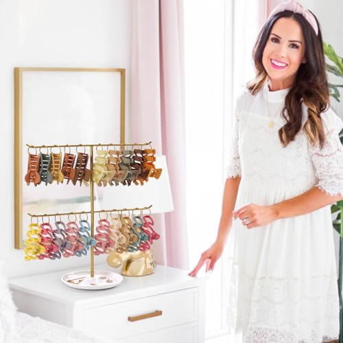 Metal Claw Clip Organizer, 2-Tier Hair Clip Holder Stand with Tray, Hair Clip Storage Display Rack with 20 Golden Rings, Hair Accessories Organizer Room Decor for Women and Girls - color: Gold-B