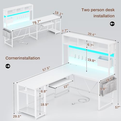 SEDETA White L Shaped Office Desk, 57.5” Corner Computer Desk with Power Outlet Pegboard and Keyboard Tray, Gaming Table with LED Lights, Hutch and Storage Shelves for Home Office - color: White