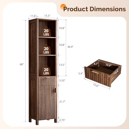 VINGLI 68" Tall Narrow Bathroom Storage Cabinet, Slim Freestanding Floor Cabinet with Fluted Door & Drawer, 12 Inch Deep Skinny Wood Organizer for Small Spaces, Kitchen & Living Room, Dark Walnut - color: Dark Walnut, size: 68"H Narrow Cabinet