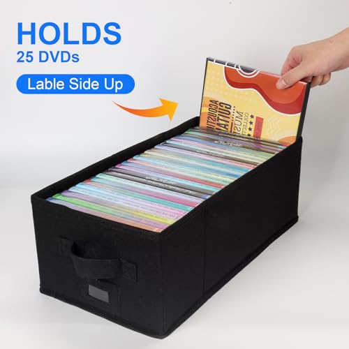 DVD Storage Box with Handles and Lid, 3 Pack - Black, DVD Case Holder Organizer with External Label Slots, Stackable for Dust-Free and Space-Saving Media Storage - size: DVD-3PACK
