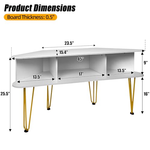 Corner TV Stand for 50 Inch TV, Entertainment Center with Storage Cabinet, Industrial Media Console Table with High Metal Feet and Anti-Slip Pads, TV Stand for Living Room, 50" TV Console, White - color: White