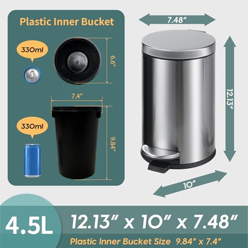 SunnyPoint 4.5 Liter(1.2 Gallon) Small Round Trash Can with Plastic Inner Bucket; Bathroom, Office, Kitchen and Bedroom Step On and Slow Close (S.N) - color: SN, size: Small