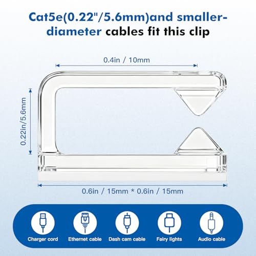 60Pcs Cable Clips, Small, Clear, Adhesive Wire Clips, Cable Management Wire Organizer Cord Holder for Under Desk, Car, Wall, TV PC Ethernet Cable - color: Clear, size: 3/8"-60PCS
