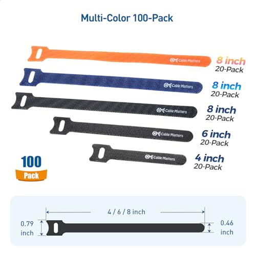 Cable Matters 100-Pack Hook-and-Loop Reusable Cable Ties, Sizes 4", 6", 8" with 42 lbs Tensile Strength - Multi-Color Cable Straps, Cord Organizers, Cord Management Ties - size: 4,6,8-inch