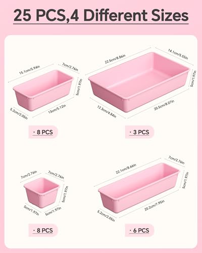 KEMETHY 25 PCS Plastic Drawer Organizers Set, 4 Sizes Vanity Organizer, Makeup and Desk Drawer Organizer Trays, Organization and Storage for Makeup, Bathroom, Kitchen Utensils and Office (Pink) - color: Pink