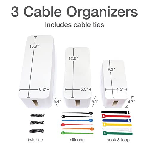 Oxford Cable Management Boxes, 3 Pack, Small, Medium, Large, 15 Cable Ties (Hook & Loop, Silicone,Twist Ties), Power Strip Organizer, White (27800)