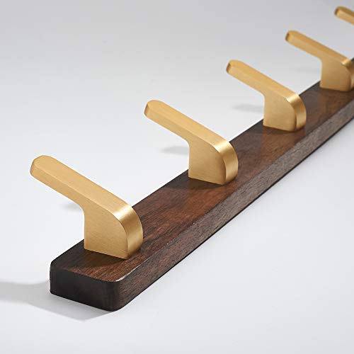 Wall Mounted Coat Rack, Entryway Hanging Coat Rack, Metal Wood Coat Rail with 5 Rustic Hooks Rail for Coat, Scarf, Bag, Towel, Key, Cap, Hat, Walnut Gold Matt - size: 5 Hooks - Curve Shape