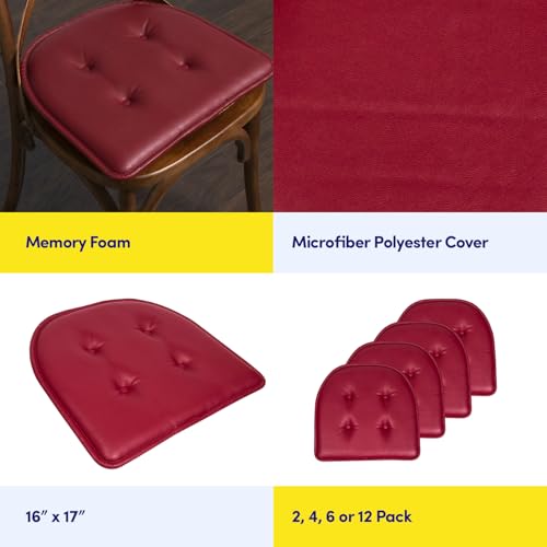 Sweet Home Collection Chair Cushion Memory Foam Pads Tufted Slip Non Skid Rubber Back U-Shaped 17" x 16" Seat Cover, 4 Count (Pack of 1), Faux Leather Burgundy Red - color: Faux Leather Burgundy Red, size: 4 Pack, style: Foam Pads