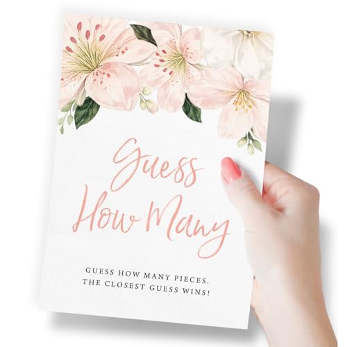 Printed Party Baby Shower Games for Girl - Guess How Many Game with Pink Floral Design, Baby in Bloom Party Supplies and Decor, 30 Cards with Matching Table Display Sign - color: In Bloom Wildflower