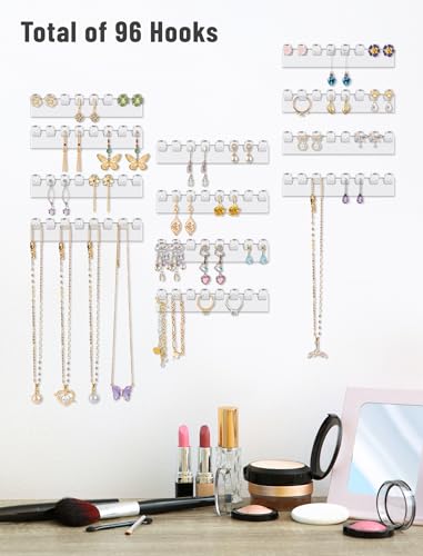 NiHome 12-Pack 96 Hooks Wall-Mounted Clear Plastic Jewelry Organizers for Earrings, Necklaces, Bracelets, Rings, Studs, No-Drill Adhesive Installation Racks for Closet, Bathroom, Bedroom, Mirror - color: Clear-12PCS