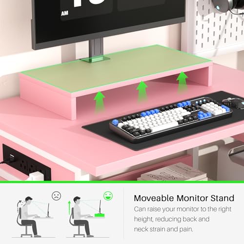 Small Gaming Desk with 2 Fabric Drawers - Reversible Computer Desk with Power Outlet & LED Lights, 49" Office Desk with Monitor Stand & Storage Shelves, Writing Study Table with Pegboard, Pink - color: Pink
