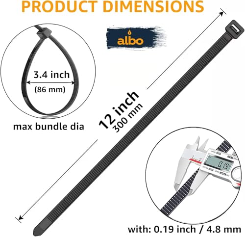 ALBO Zip Ties Black 12 Inch 3000 Pack 50 lb, Long Plastic Cable Ties Thick 0.19 Inch Tie Wraps Heavy Duty UV Resistant Nylon Wire Ties for Indoor and Outdoor / 12х3000 - size: 12" Black 3000 Pack 50lb