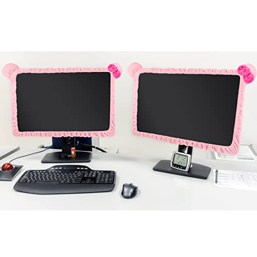 Hoteam 2 Pcs 17''-24'' Kawaii Computer Monitor Cover with Cat Ear Furry Cute Pink Monitor Dust Cover Protector Lovely Computer Desk Accessories Laptop TV LCD Screen Decoration for Tablet