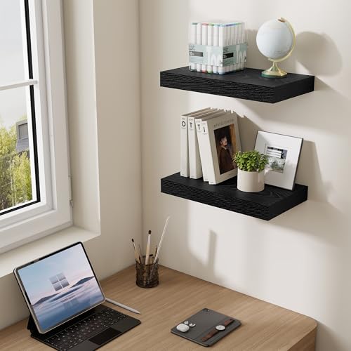 Dreamland 16 Inch Long Floating Shelves in Black,6.7 Inch Deep Floating Shelf for Wall,Large Display & Storage Shelf, Wall Shelf for Bathroom Bedroom Living Room Kitchen Office,Set of 2 - color: Black, size: 16"W x 6.7"D,Set of 2
