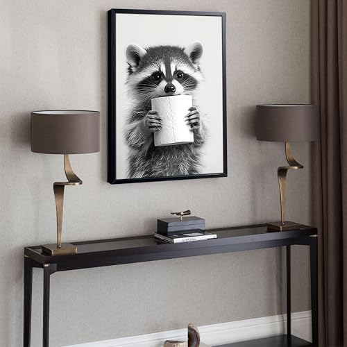 XYHYRA Bathroom Wall Art, Cute Black and White Raccoon Canvas Prints Poster, Funny Animal Decor Oil Painting, Modern Farmhouse Picture Artwork for Bathroom Toilet Wall Decor 16x24 Inch Framed - color: Black and White Animation-D, size: 24"L x 16"W