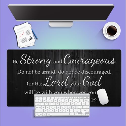 Motivational Large Gaming Mouse Pad (31.5" x 15.8")- Inspirational Bible Verse Scripture Quote Joshua 1:9 Be Strong and Courageous Rustic Black Wood, Stitched Anti-Slip Desk Mat - color: Christian Bible Verse Scriptures