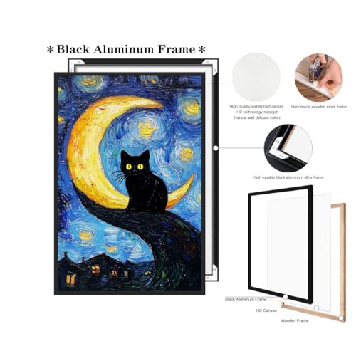 Funny Black Cat Wall Art Trendy Tree and Moon Oil Paintings Animal Poster Abstract Cat Floral Prints Posters Wall Decor Aesthetic for Farmhouse Gallery Bedroom 8x12inch Black Aluminum Frame - color: Antique cat - Black Aluminum Frame, size: 8"L x 12"W