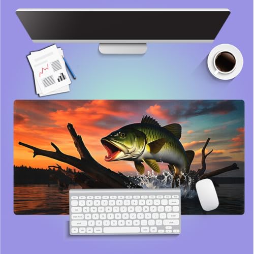 Large Gaming Mouse Pad (31.5" x 15.8") - Large Mouth Bass Fish Fishing Lake Scene At Sunset, Extra XXL Extended Office Accessories, Premium Stitched Anti-Slip Desk Mat - color: Fishing Lake
