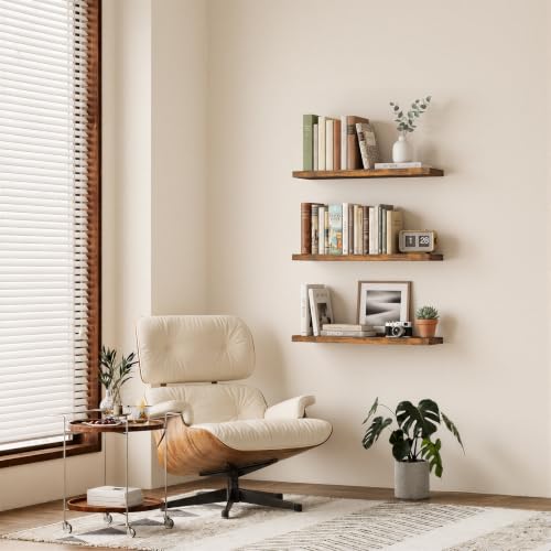 BAYKA Floating Shelves for Wall, Set of 3, 35.4 Inches Wall Mounted Wood Shelves for Bathroom, Bedroom, Living Room or Kitchen, Hanging Shelf for Books/Storage/Decor with 30lbs Capacity, Rustic Brown - color: B. Rustic Brown - Americana Farmhouse Style, s
