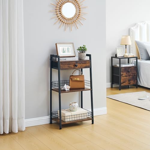 Gewudraw 3-Tier Ladder Shelf with Drawer, Bathroom Table Stand for Small Space, Bathroom Standing Shelves with Storage for Living Room Bedroom Kitchen, Organizer Shelf, Rustic Brown - color: Rustic Brown, size: 3 Tier Standard
