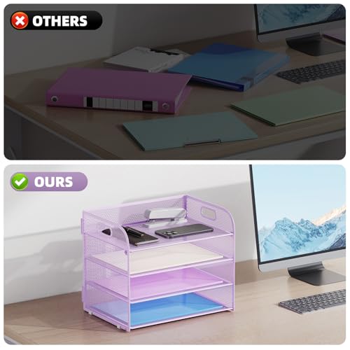 Marbrasse 4 Tier Paper Organizer Letter Tray - Mesh Desk File Organizer with Handle, Paper Sorter Organizer for Letter/A4 Office File Folder Holder (Purple, 12.6" x 9.1" x 10.7") - color: Purple