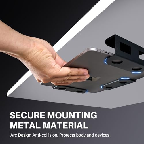 BYMECOST Under Desk Laptop Storage Mount, Metal Under Desk Device Holder, for Devices Up to 1.37" Thick, MacBook, Mini, Keyboard, Router, with Anti-Scratch Silicone (Black) - color: Black, size: 1.37" without hook