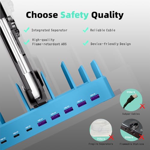 320W Charging Station for Multiple Devices, Zobirez 10-Port USB C Fast Charger Stations for MacBook, iPhone, Android Cell Phone, iPad, Tablet, Family Multi-Device Organizer Charging Dock, Blue - color: Blue
