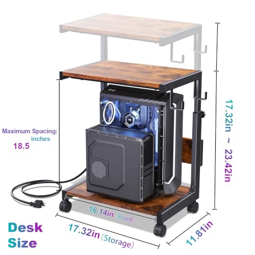 Computer Tower Stand with Charge Station and USB Charging Port - Height Adjustable PC Tower Stand, Under Desk CPU Holder Cart with Locking Caster Wheels for Fits Most PC - color: Brown