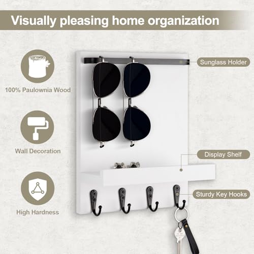 Key Holder Wall Mount, Key Holder for Wall with 4 Hooks, Farmhouse Key Hanger Holds Dog Leash, Sunglasses – Decorative Mail Organizer Home Decor (White) - color: White