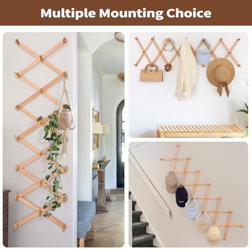 SCUNDA Wall Rack with 20 Hooks, Wooden Wall Expandable Coat Rack for Coat, Hats, Baseball Caps, Coffee Mug, Jewelry(Natural) - color: Natural, size: 20 Hooks