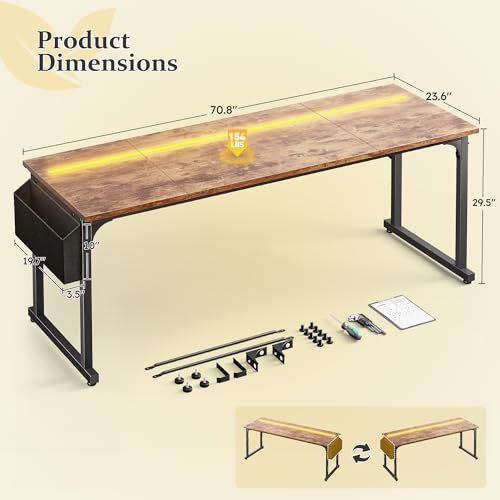 DurayLoly 71"Computer Desk with LED Lights, Large Office Desk for 3 monitors or 2 laptops,Long Desk with Storage Bag&Headphone Hook for Study Writing Work Gaming Desk,Sturdy Metal Frame,Bedroom,Brown - color: Brown, size: 71 Inch