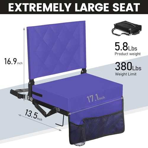 Sheenive Stadium Seats for Bleachers with Back Support, Bleacher Seats with Backs and Cushion Wide, Padded Portable Folding Comfort Stadium Chair with Shoulder Strap, Perfect for Sports Events, Purple - color: Purple
