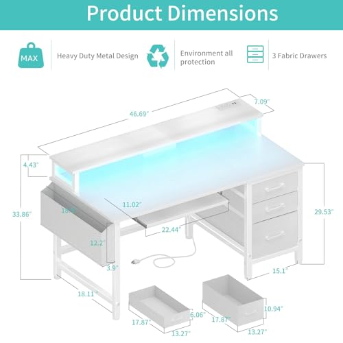 Lufeiya Gaming Desk with LED Lights and Power Outlets, 47 Inch Home Office Desks with Keyboard Tray, White Computer Desk with File Drawers Cabinet, Writing Table PC Desks with Monitor Stand, White - color: White