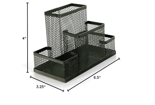Huron Pen Holder and Desk Organizer Caddy, 4 Compartment Storage for Pencils Pens Sticky Notes Office Desk Accessories for Home Office,Black Steel Mesh (1/4/24/96) (1 pc)