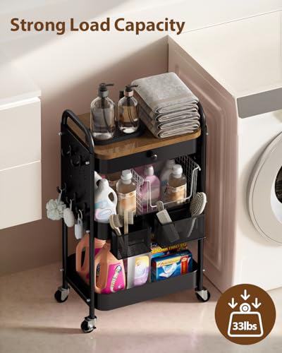 ALVOROG Rolling Cart with Drawer and Wood Table Top, 3 Tier Metal Rolling Utility Cart on Wheels with DIY Pegboards, Hanging Baskets, Hooks for Bedroom,Office,Craft Supplies (Black)