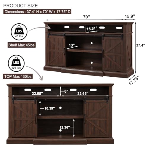 Farmhouse TV Stand for 80 Inch TVs, 37.4"Tall Entertainment Center w/Storage Cabinets and Sliding Barn Door, Media Console Cabinet w/Soundbar & Adjustable Shelves for Living Room, 70 inch (Brown) - color: Brown