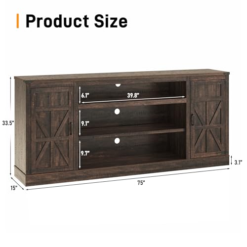 Hlivelood 75" Farmhouse TV Stand with Power Outlets for 85 Inch TVs, 33" Tall Entertainment Center with Storage Cabinets w/Adjustable Shelves, Rustic Large TV Media Console, Brown - color: Brown, size: 75in