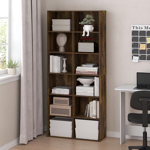 Furinno Basic Book Shelf, 12-Cube Bookshelf, Bookcase with Open Shelf, Cube Storage Organizer, 12 x 32 x 71, for Living Room, Home Office, Amber Pine - color: Amber Pine, size: 12-Tier, 12 x 32 x 71