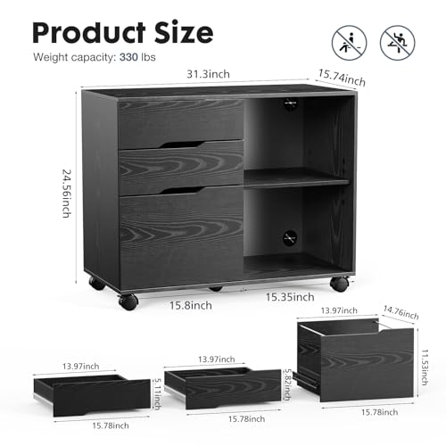 DUMOS Wood File Cabinet with 3 Drawers, Rolling Printer Stand | Under Desk Storage Organizer Home Office Space with Shelves for Files and Office Supplies, Rust - color: Classic Black