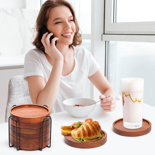 Mckanti Wooden Coasters Set of 6 with Holder, Acacia Wood Drink Coasters for Farmhouse, Patio, Bar Decoration - style: Set of 6