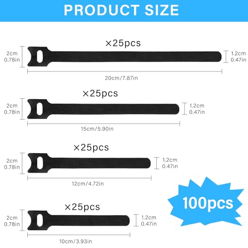 100pcs Reusable Cable Ties - Hook and Loop Straps for Cable Management - Adjustable Cord Organizer & Wire Ties for Electronics, Home, Office & Desk - 4 Sizes (8/6/5/4 Inch) - style: 8+6+5+4 Inch
